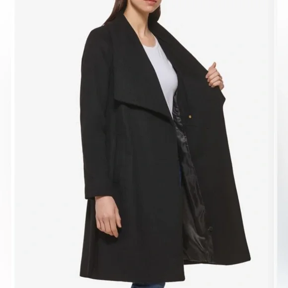 Cole Haan Women's Black Signature Draped Front Wrap Coat Size 8 - Picture 3 of 15